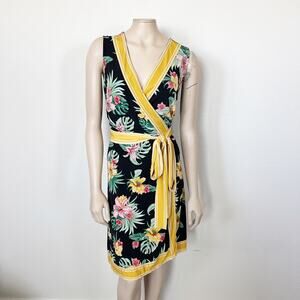 [Cheztu] Navy Blue Yellow Tropical Floral Print Sleeveless Wrap Dress Size 18